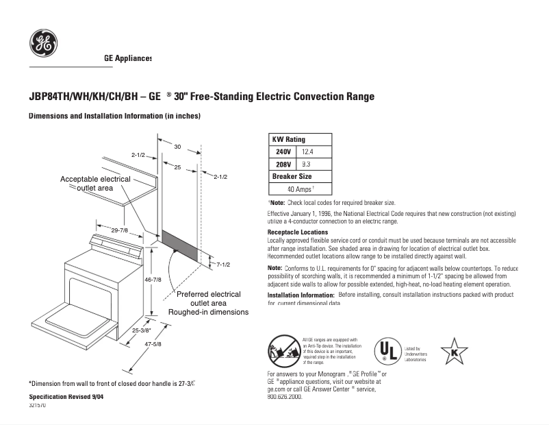 Page 1 de la notice Fiche technique GE JBP84CHCC