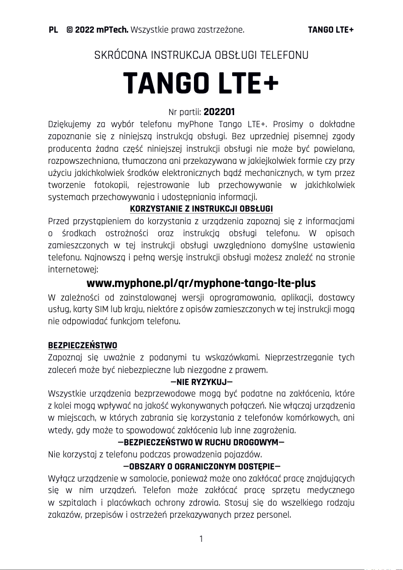 Image de la première page du manuel de l'appareil Tango LTE+