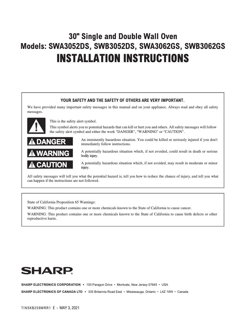Page 1 de la notice Guide d'installation Sharp SWB3062GS