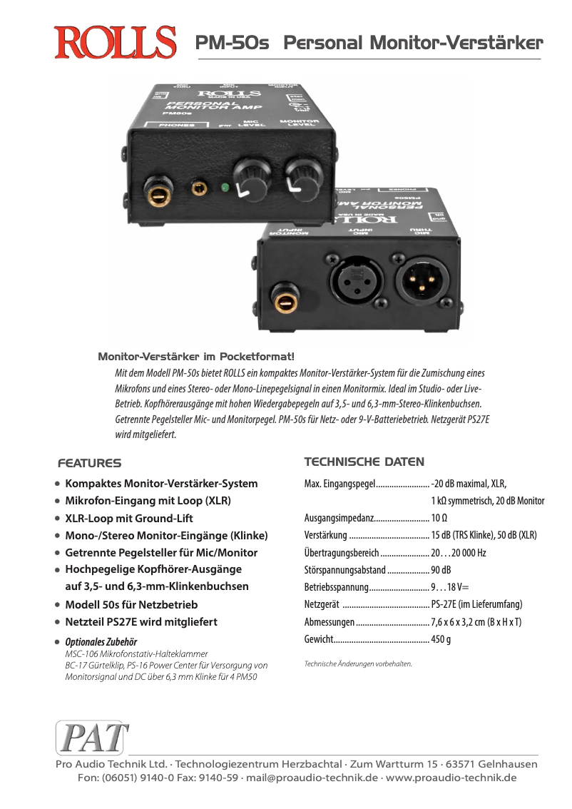 Page 1 de la notice Manuel utilisateur Rolls PM-50s