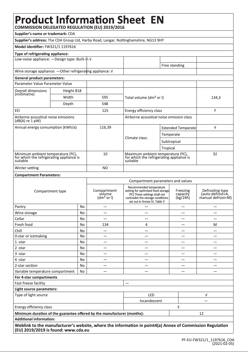 Page n°1 - Fiche technique CDA FW321