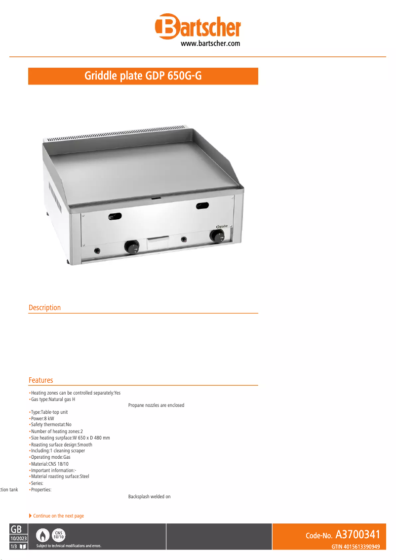 Page n°1 - Fiche technique Bartscher GDP 650G-G