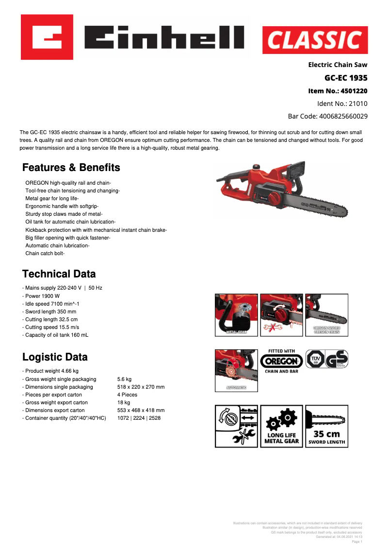 Page n°1 - Fiche technique Einhell GC-EC 1935
