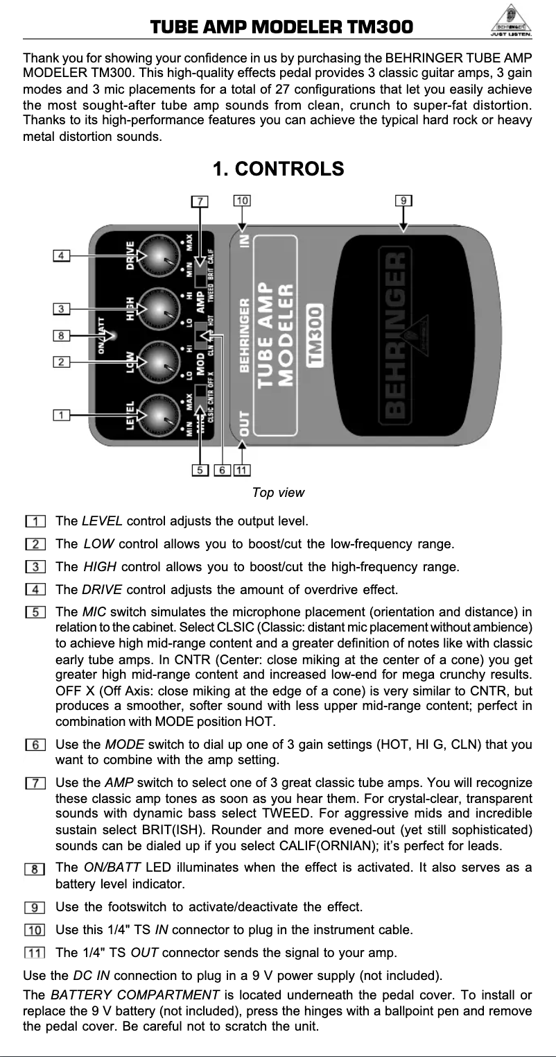 Page 1 de la notice Manuel utilisateur Behringer ube Amp Modeler TM300