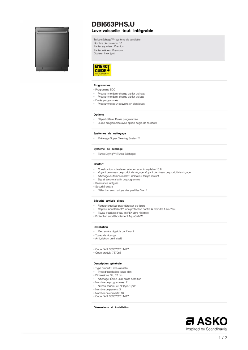 Page 1 de la notice Fiche technique Asko DBI663PHS.U