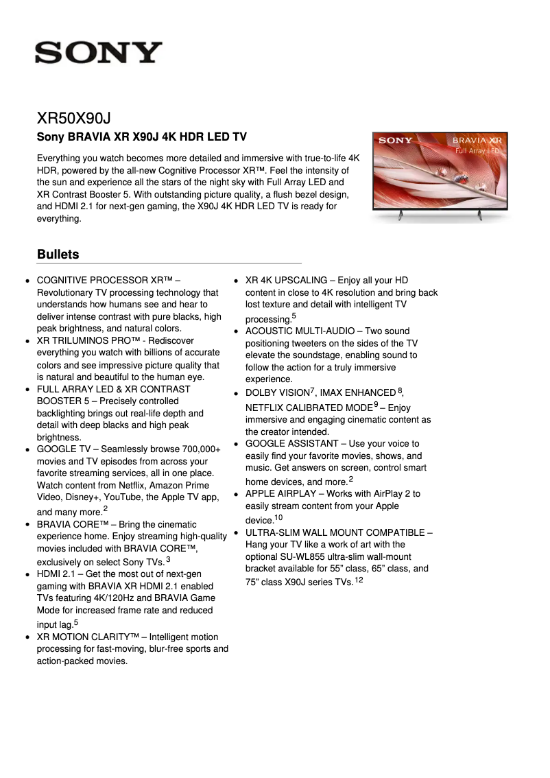 Page 1 de la notice Fiche technique Sony Bravia XR-50X90J