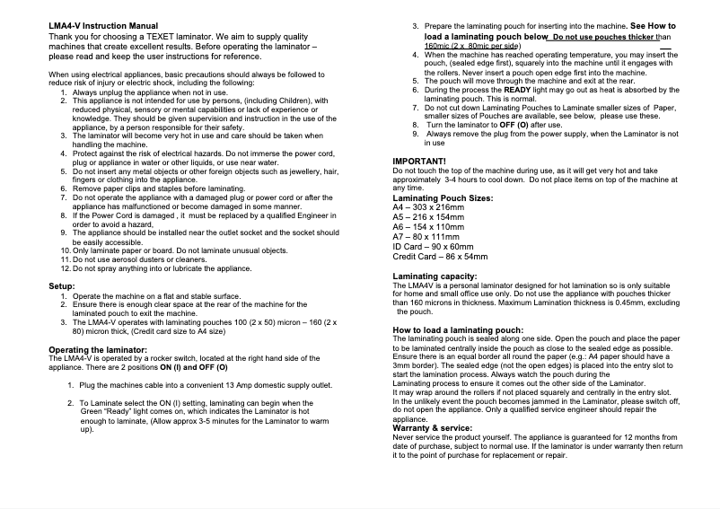 Image de la première page du manuel de l'appareil LMA4V