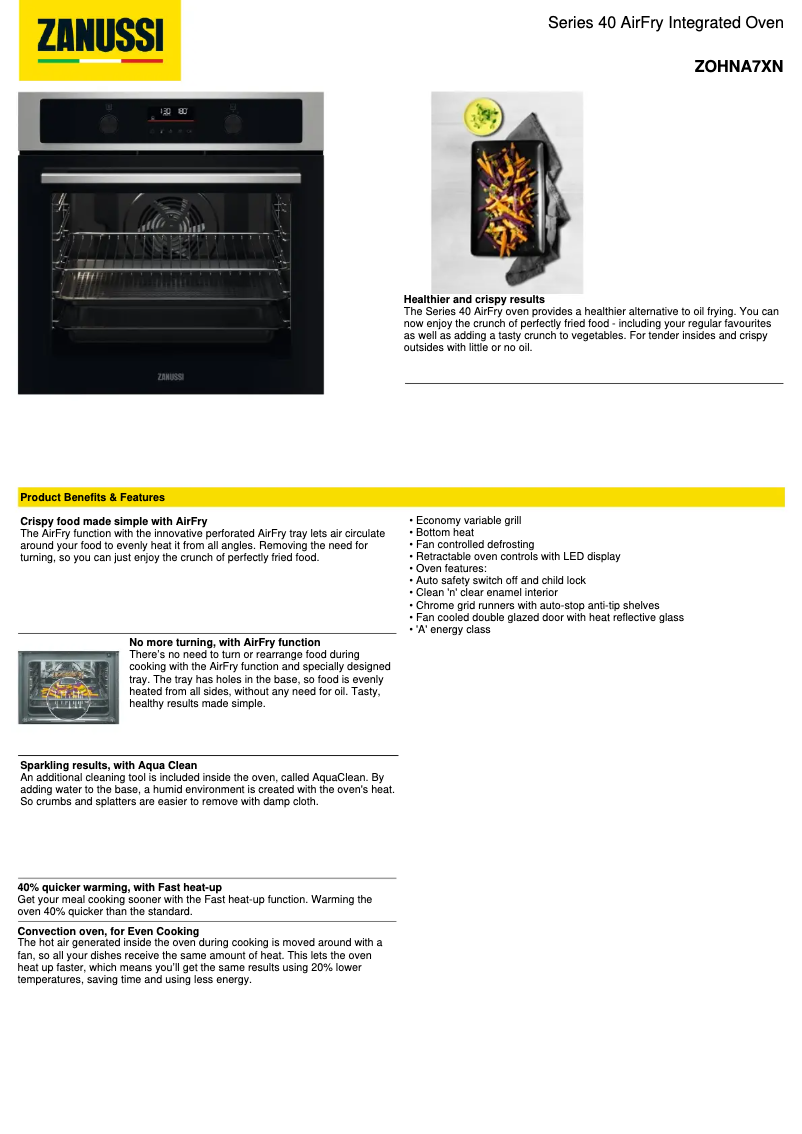 Page 1 de la notice Fiche technique Zanussi ZOHNA7XN