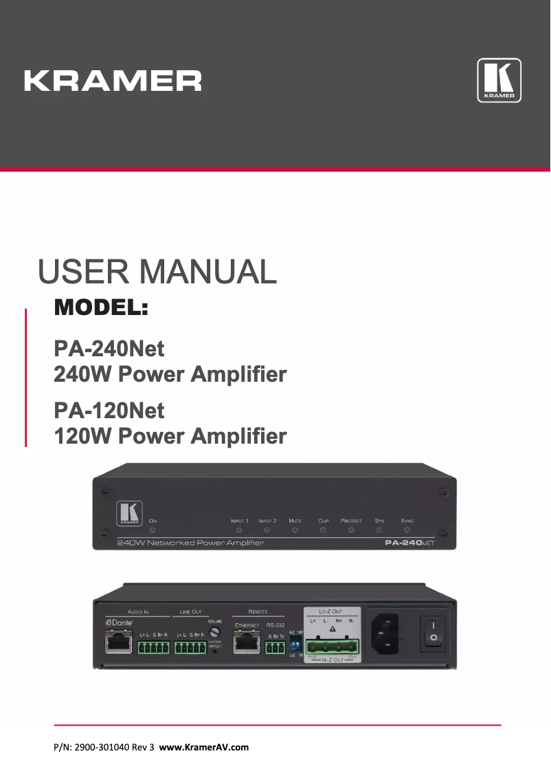 Page 1 de la notice Manuel utilisateur Kramer PA-240NET