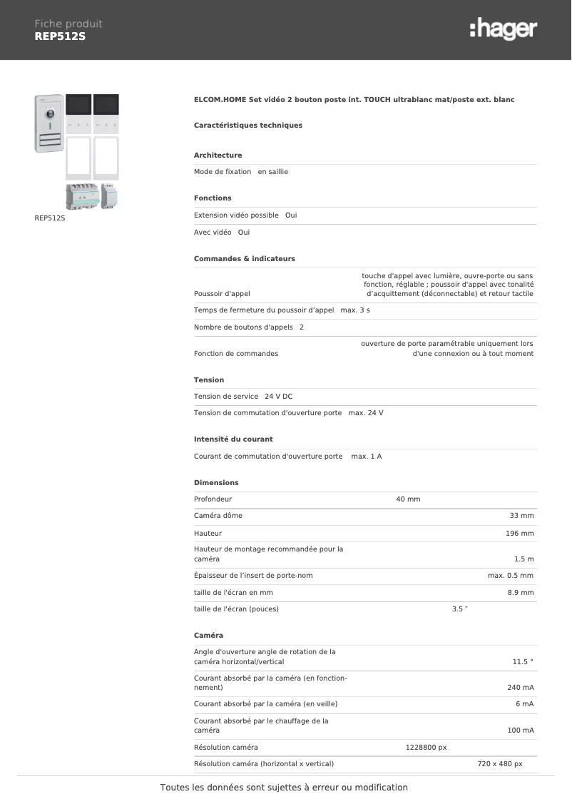 Page 1 de la notice Fiche technique Hager REP512S