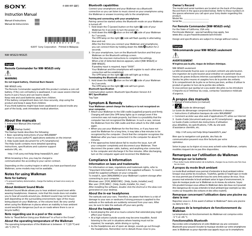 Page n°1 - Manuel utilisateur Sony NW-WS623