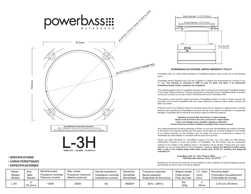 Page n°1 - Manuel utilisateur PowerBass L-3H