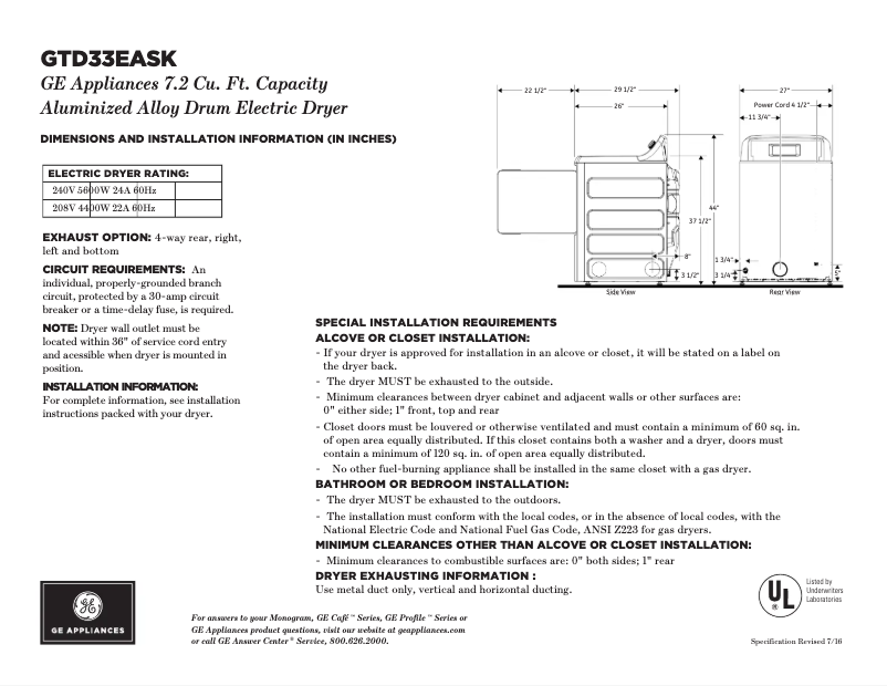 Page 1 de la notice Fiche technique GE GTD33EASKWW