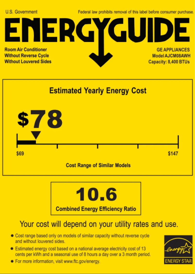 Page 1 de la notice Label énergétique GE AJCM08AWH