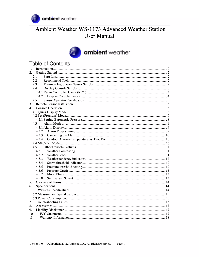 Page 1 de la notice Manuel utilisateur Ambient Weather WS-1173