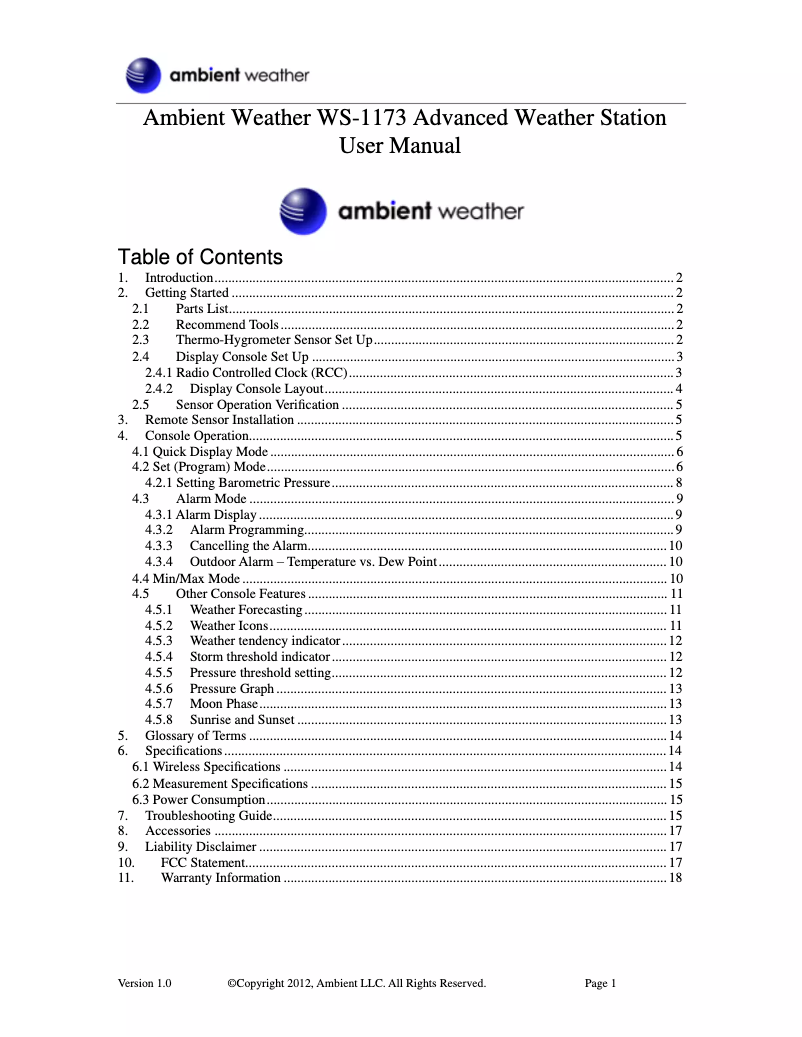 Image de la première page du manuel de l'appareil WS-1173