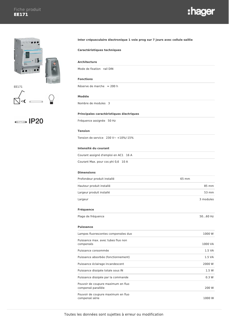 Page 1 de la notice Fiche technique Hager EE171