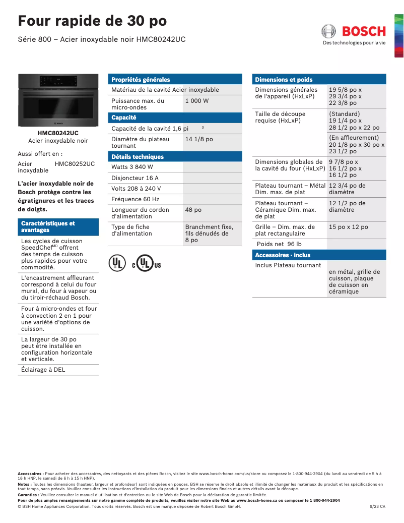 Page 1 of the manual Technical Sheet Bosch HMC80242UC