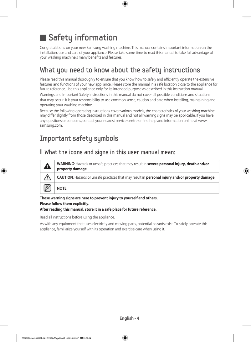 Page 1 de la notice Guide d'installation Samsung WF90F5EHW2X