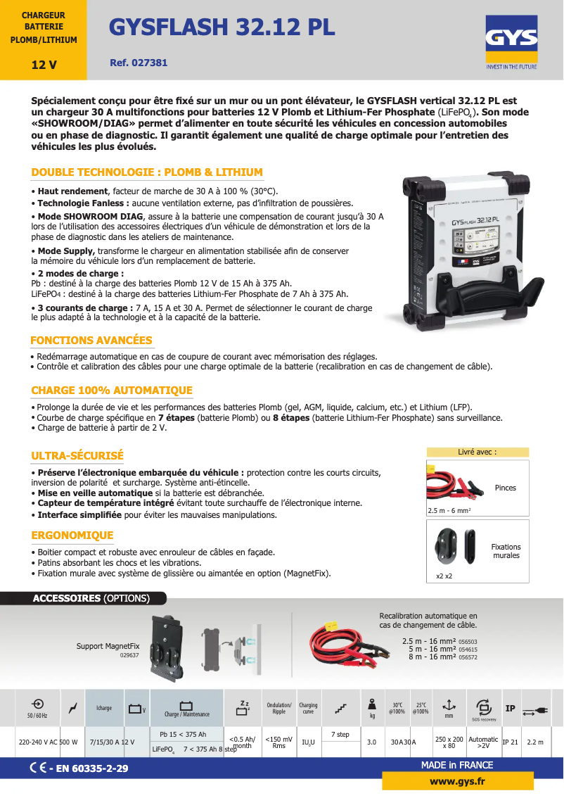 Page 1 de la notice Fiche technique GYS Gysflash 32.12 PL