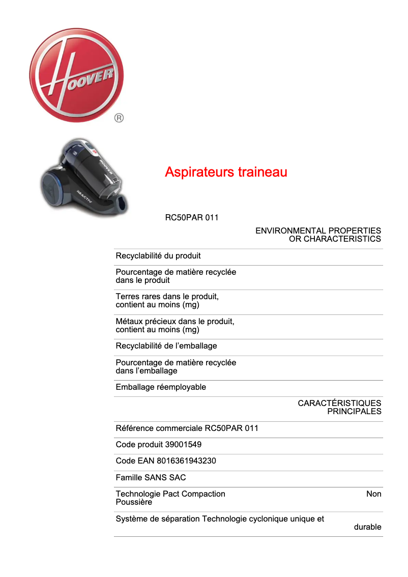 Page n°1 - Fiche technique Hoover REACTIV RC50PAR 011