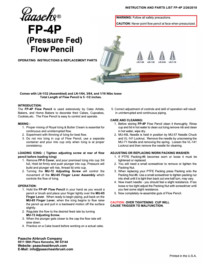 Page 1 de la notice Manuel utilisateur Paasche FP-4P