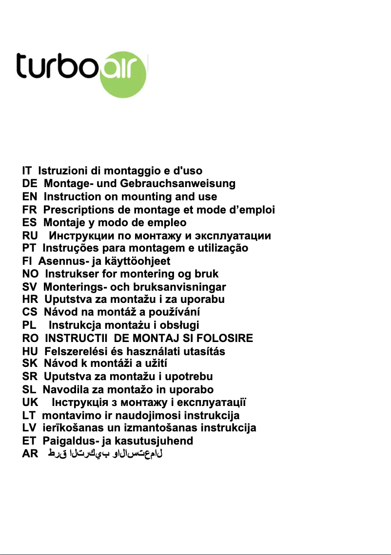 Page 1 de la notice Manuel utilisateur Turbo air Tivoli Lux IX/F/60