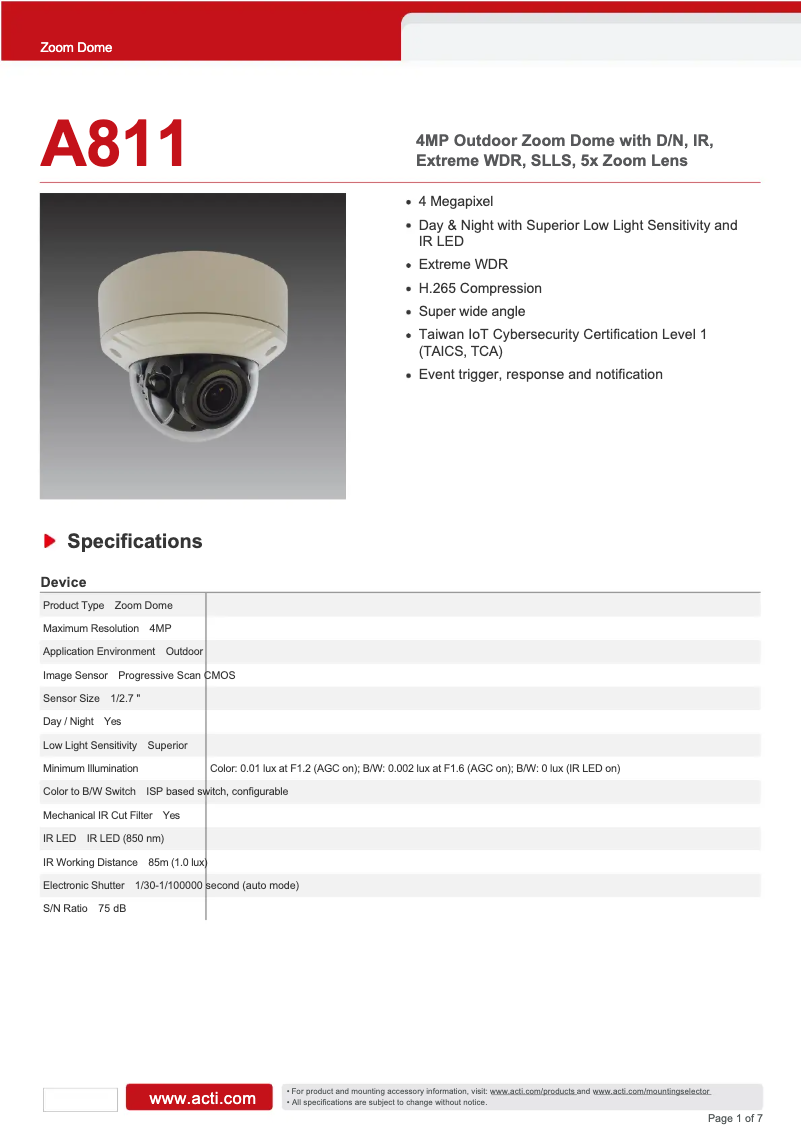 Page 1 de la notice Fiche technique ACTi A811