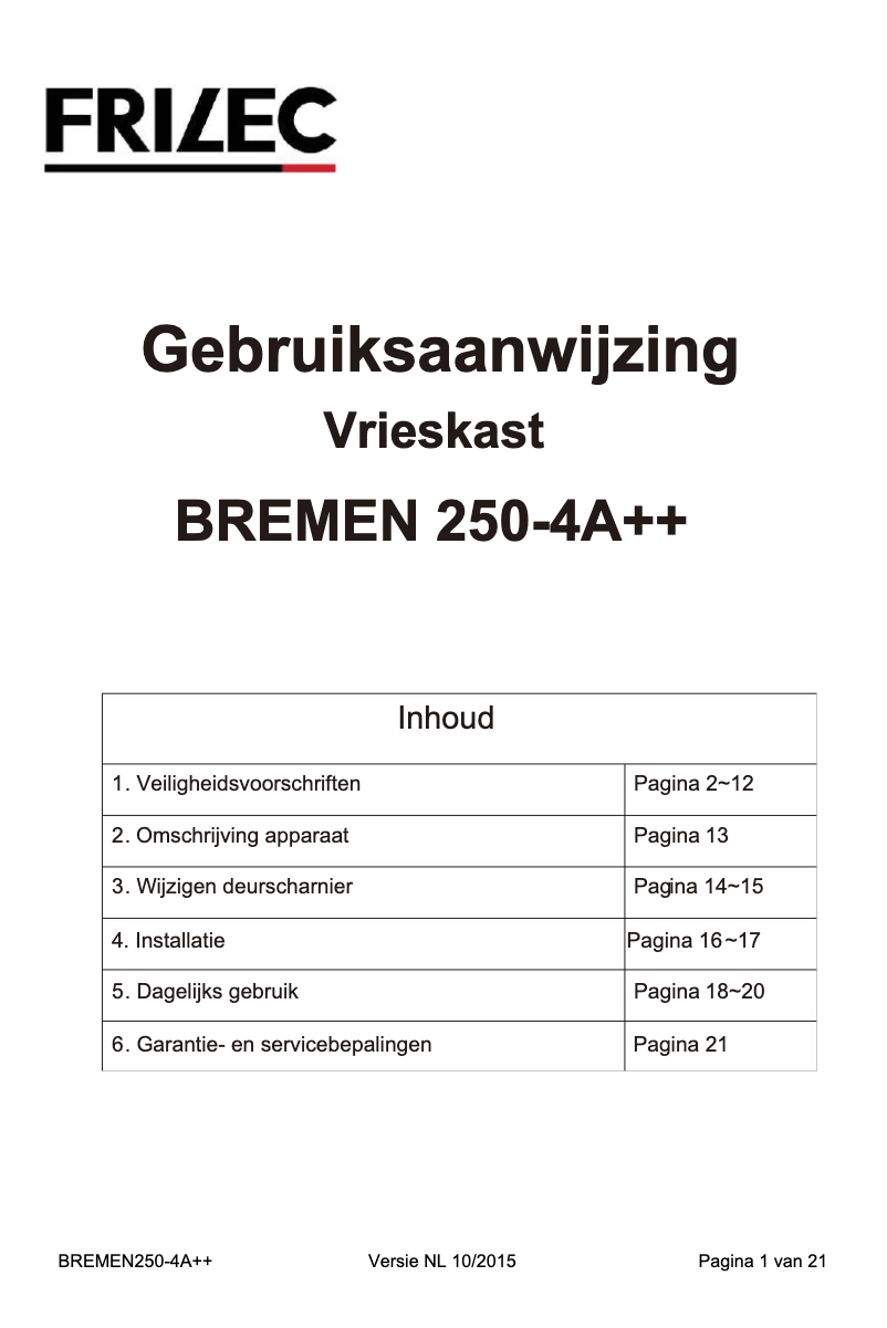 Image de la première page du manuel de l'appareil BREMEN285-1NFEA++
