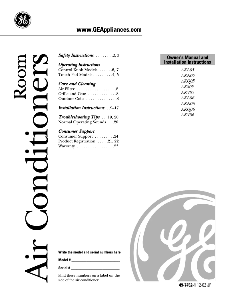 Page 1 de la notice Manuel d'utilisation et d'entretien GE AKN05LA