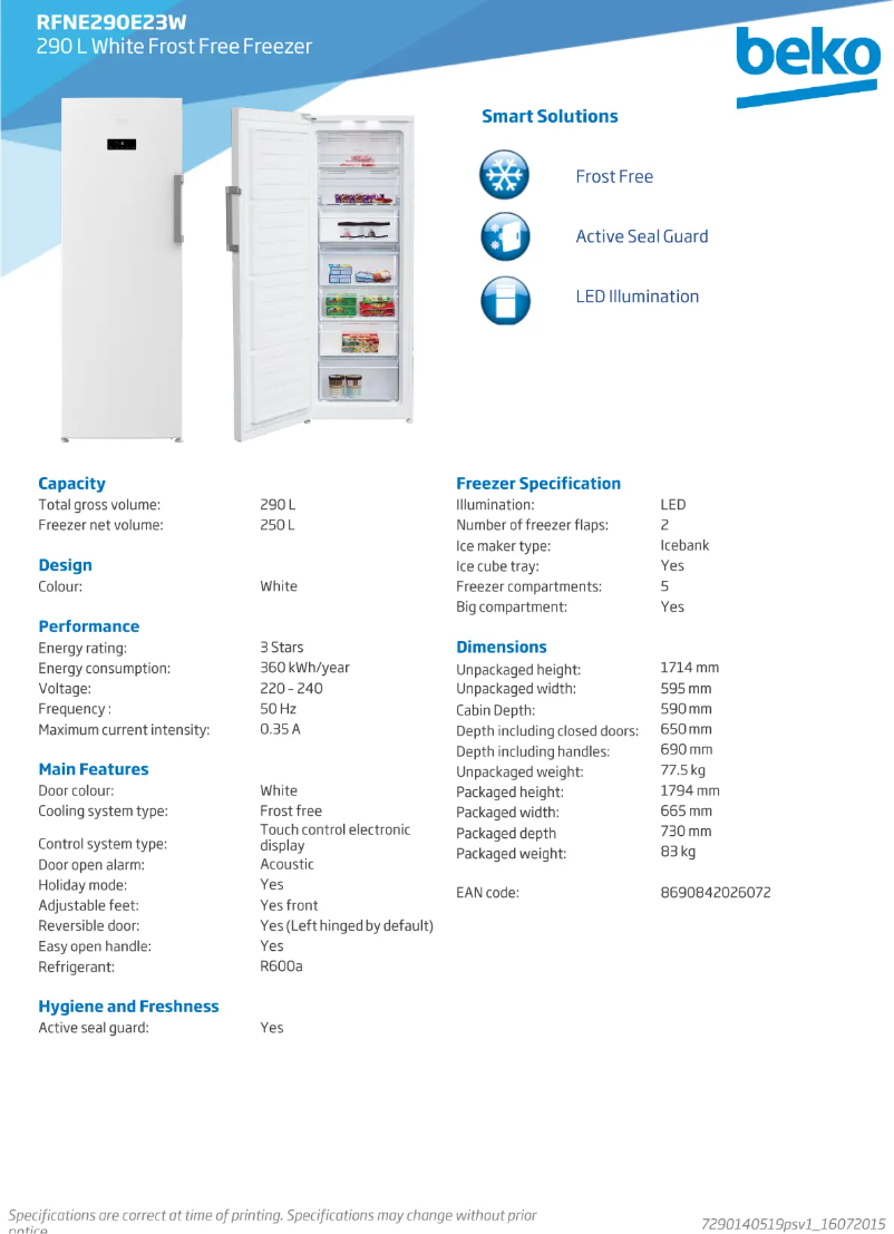 Page n°1 - Fiche technique Beko RFNE290E23W