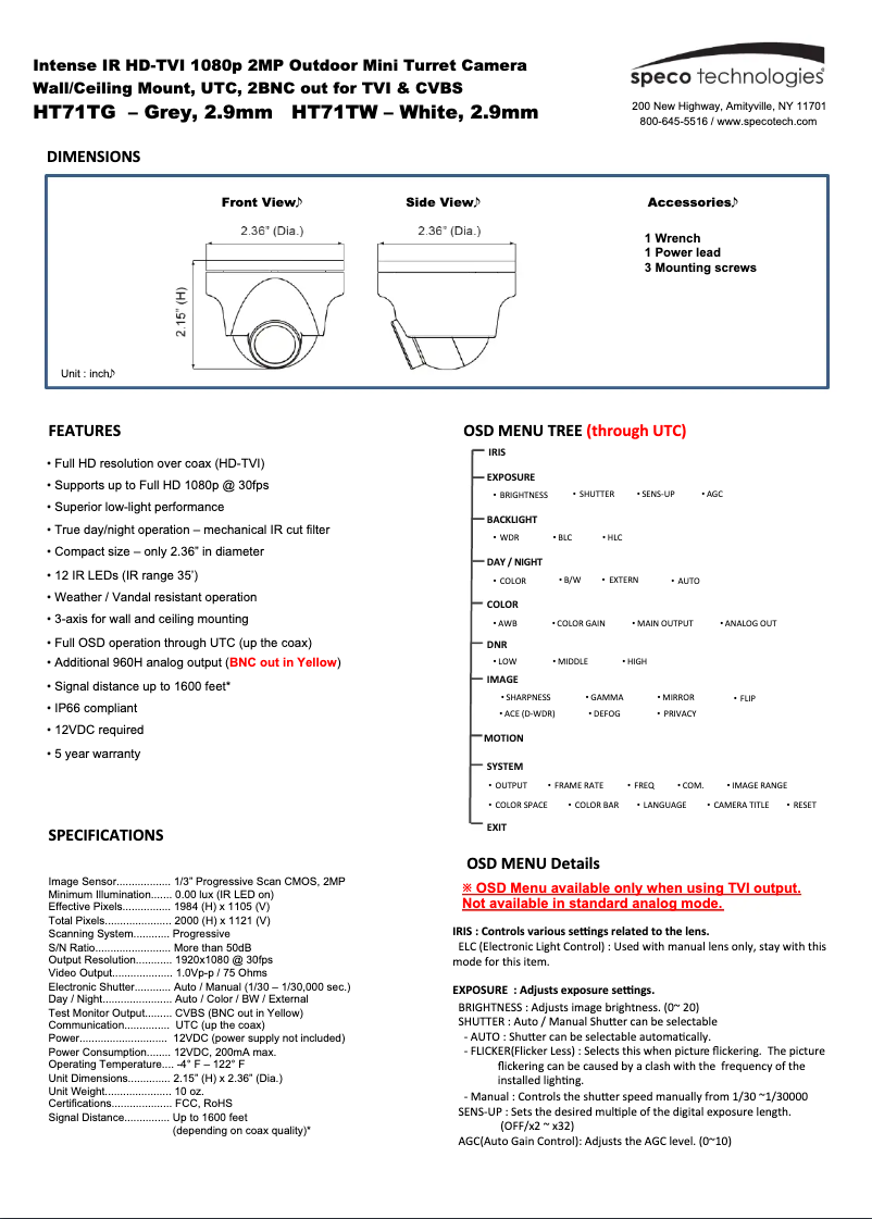 Page 1 de la notice Manuel utilisateur Speco Technologies HT71TG