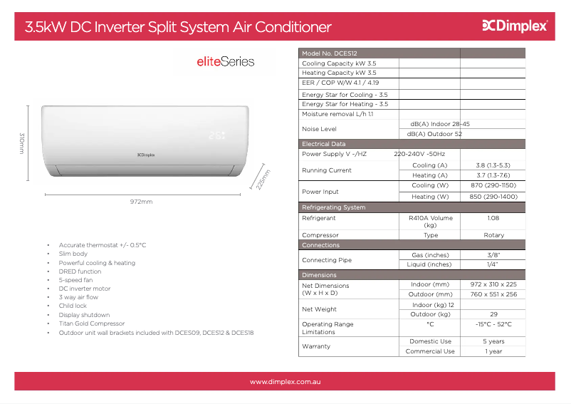 Page 1 de la notice Fiche technique Dimplex DCES12