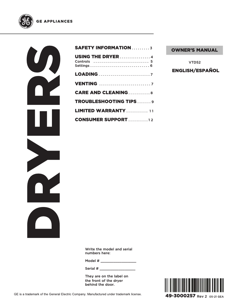 Page 1 de la notice Manuel d'utilisation et d'entretien GE VTD52EASRWB