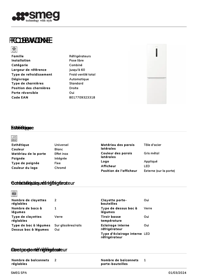 Page 1 de la notice Fiche technique Smeg FC18WDNE