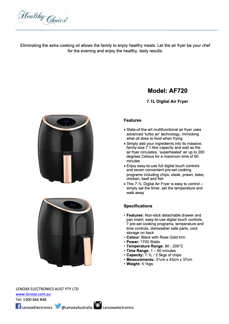 Page n°1 - Fiche technique Lenoxx Healthy Choice AF720