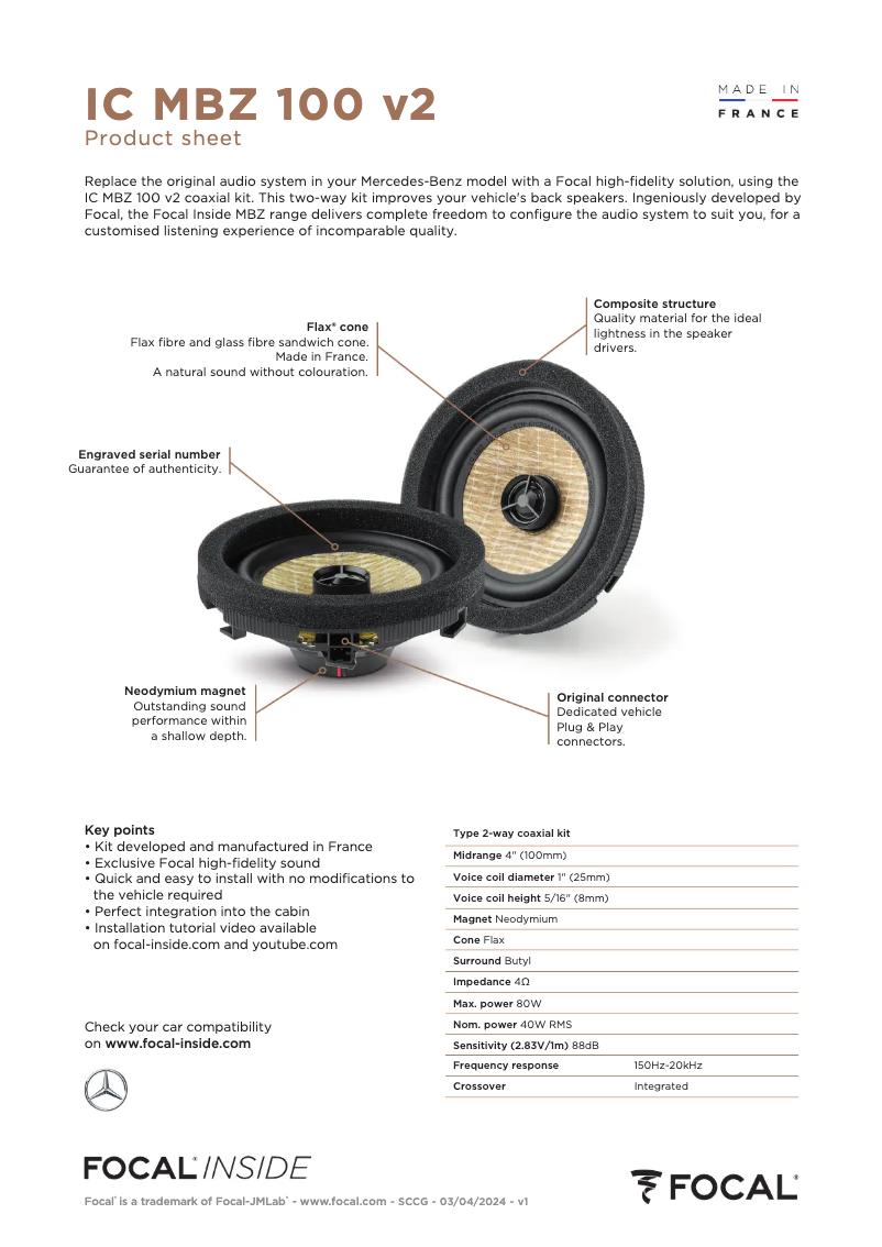 Page 1 de la notice Fiche technique Focal IC MBZ 100 V2