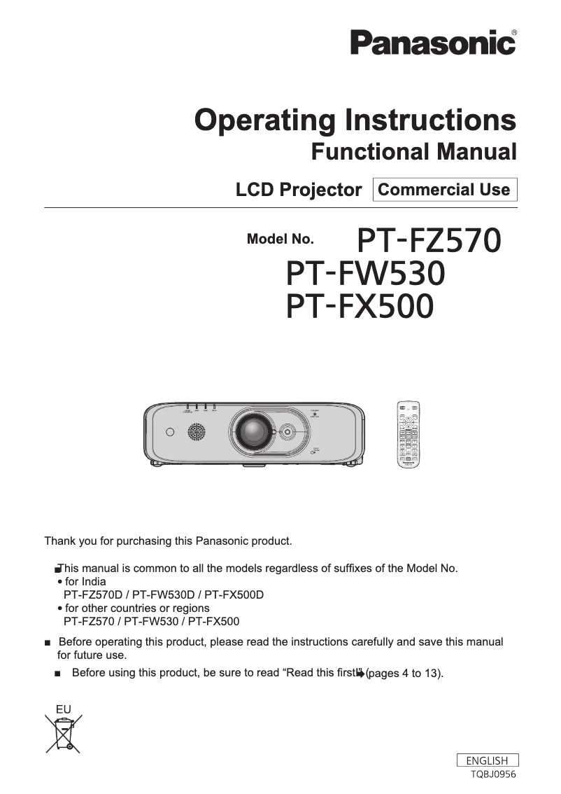 Page n°1 - Manuel utilisateur Panasonic PT-FW530U