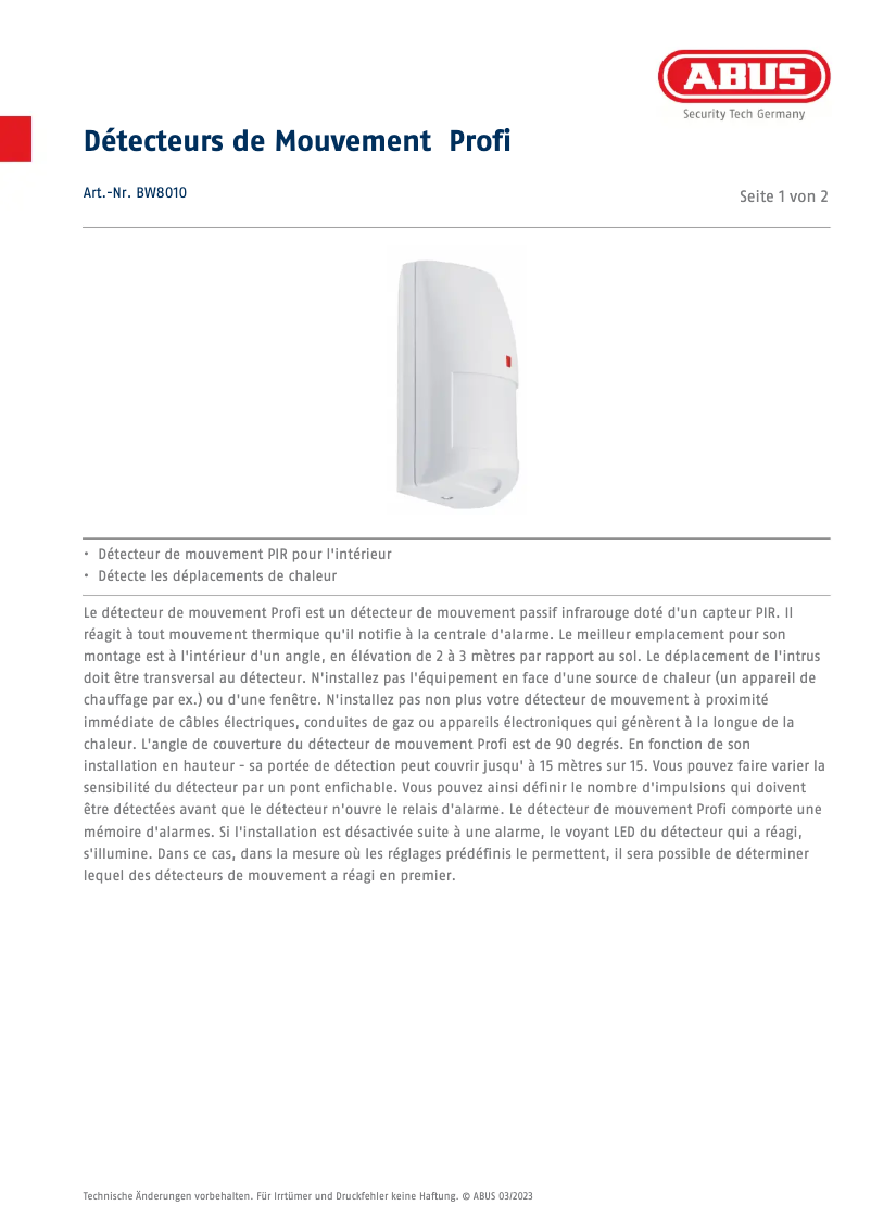 Page 1 de la notice Fiche technique Abus BW8010