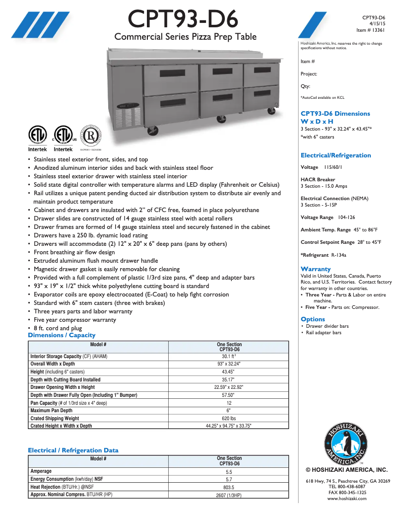 Page 1 de la notice Fiche technique Hoshizaki CPT93-D6