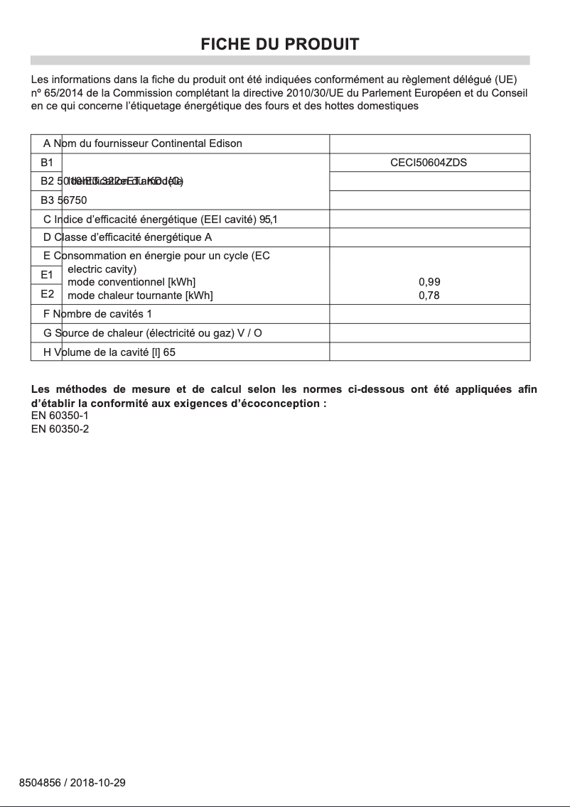 Page n°1 - Label énergétique Continental Edison CECI50604ZDW