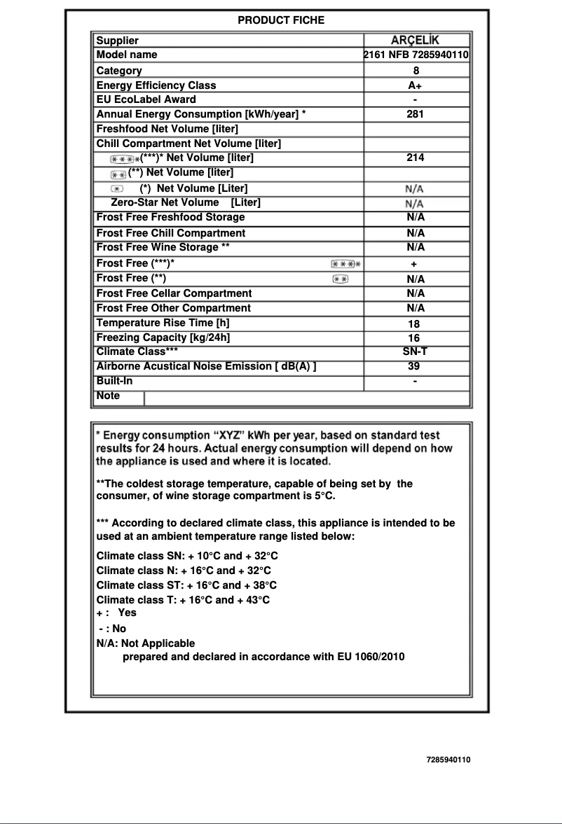 Page n°1 - Fiche technique Arçelik 2161 NFB