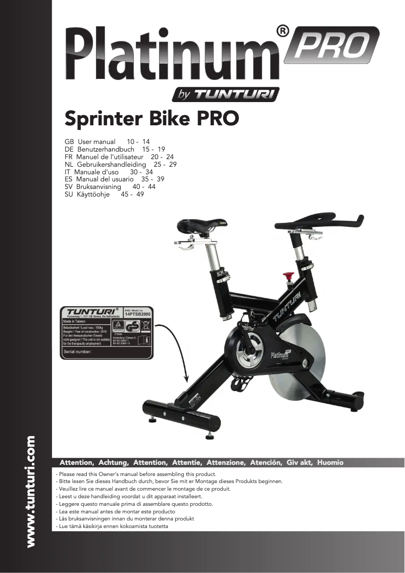 Page n°1 - Manuel utilisateur Tunturi Sprinter Bike Platinum Pro