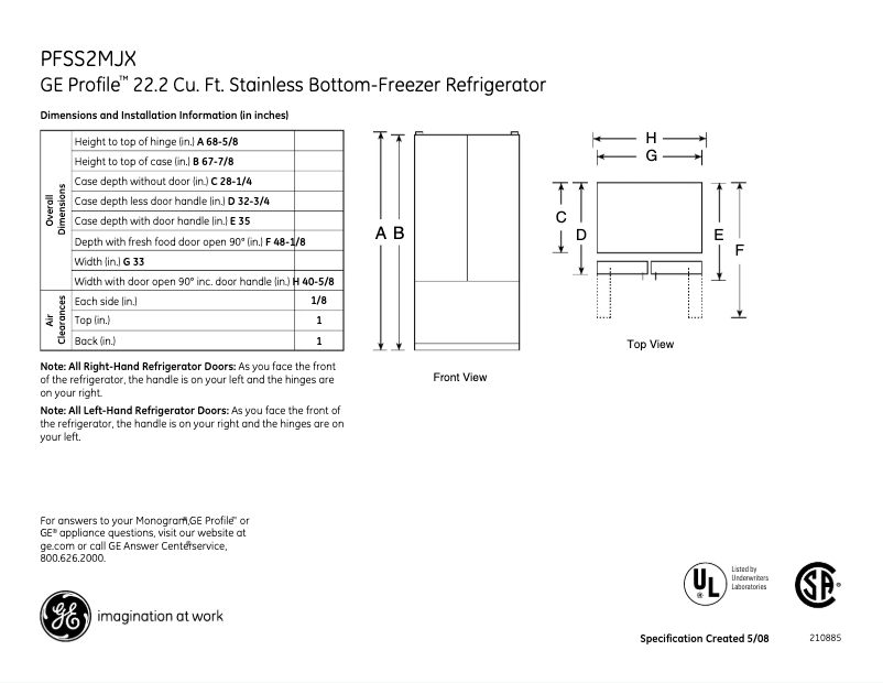 Page 1 de la notice Fiche technique GE Profile PFSS2MJXSS