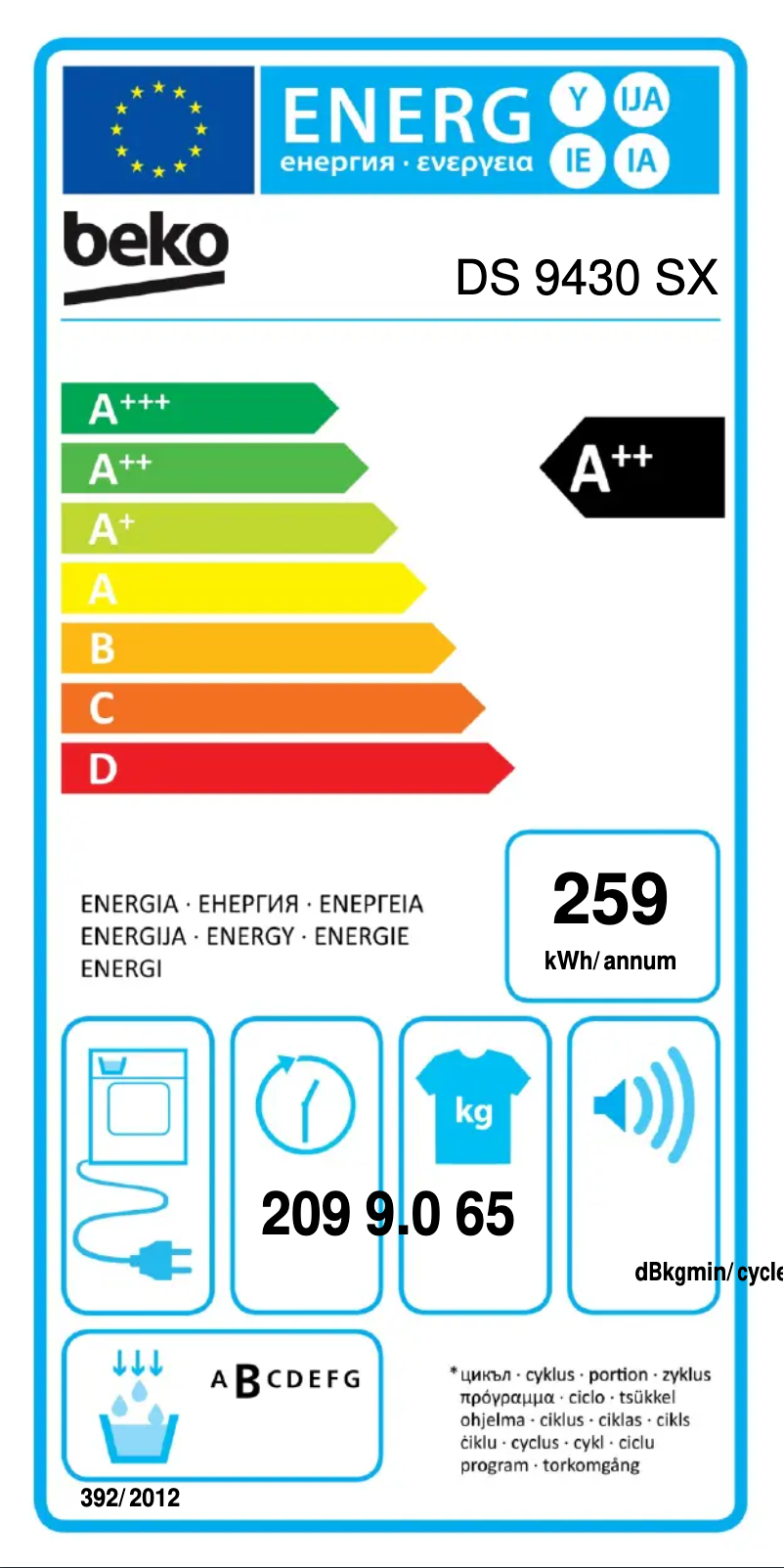 Page 1 de la notice Label énergétique Beko DS 9430 SX
