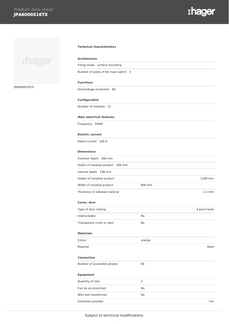 Page n°1 - Fiche technique Hager JPA6000S16TX