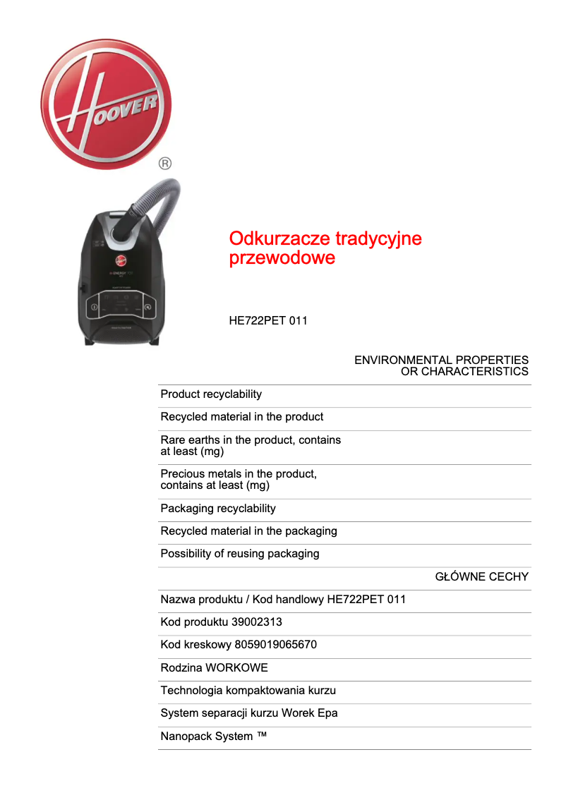 Page n°1 - Fiche technique Hoover HE722PET 011