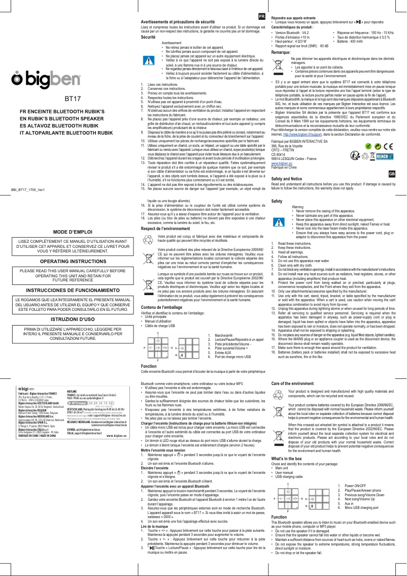 Page 1 de la notice Manuel utilisateur Bigben BT17