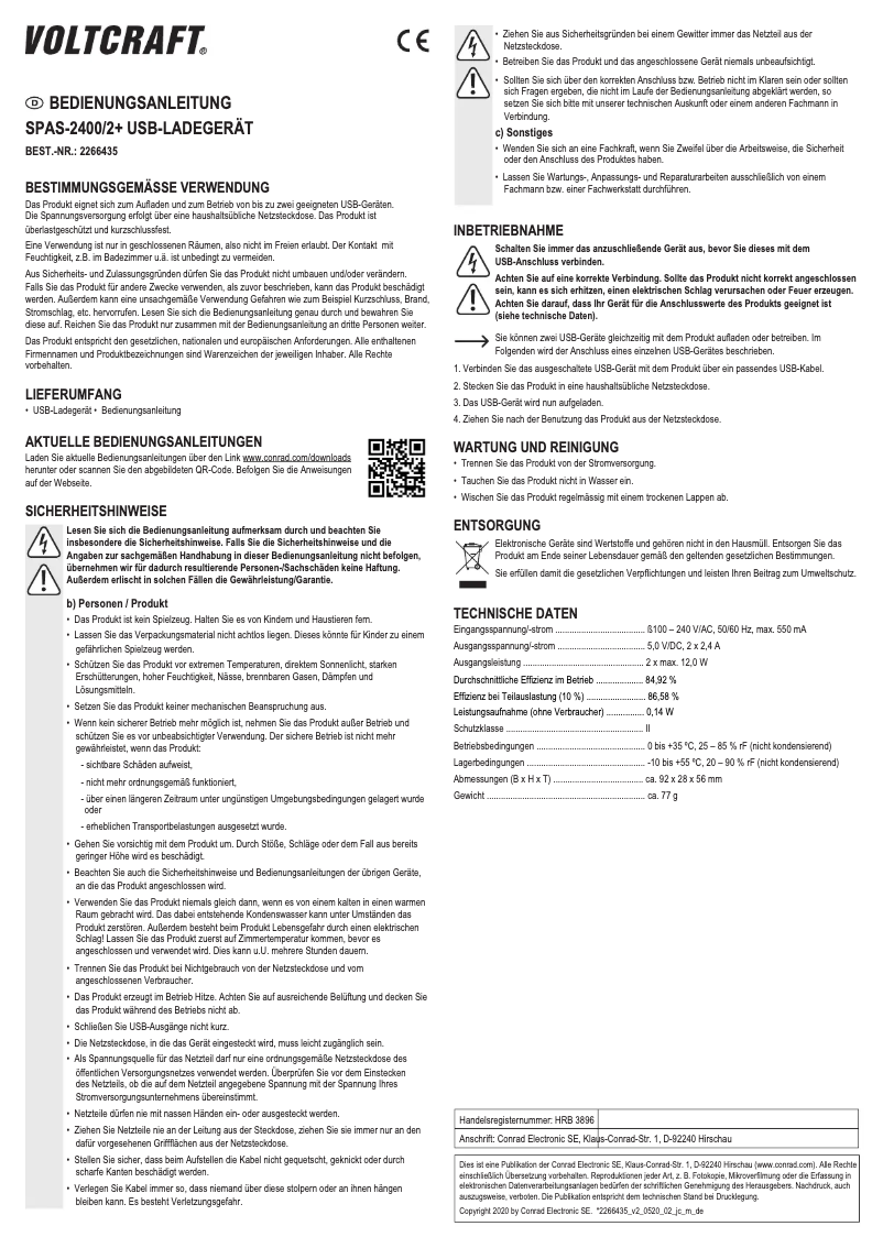 Page 1 de la notice Manuel utilisateur Voltcraft SPAS-2400/2+