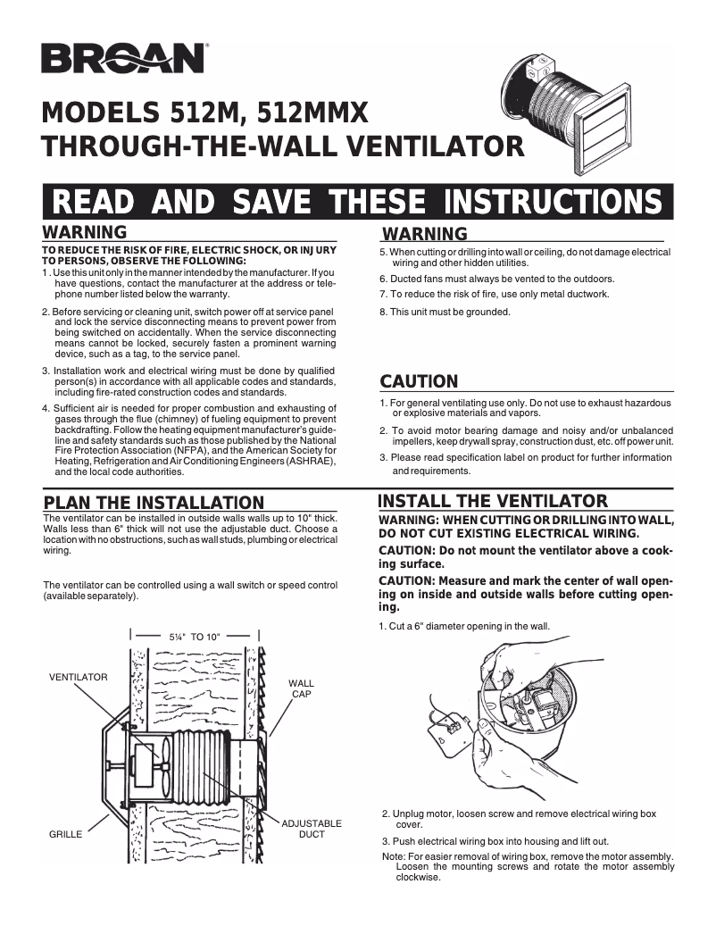 Page n°1 - Guide d'installation Broan 512M